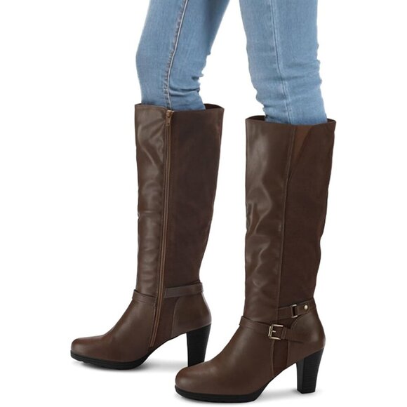 Women's Splicing Brown Knee High Imported Chunky Heel Boots With Zipper Shoes - Picture 2 of 6